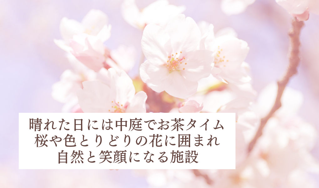 シンボルツリーの桜の木や、色とりどりの花で自然と笑顔になる施設